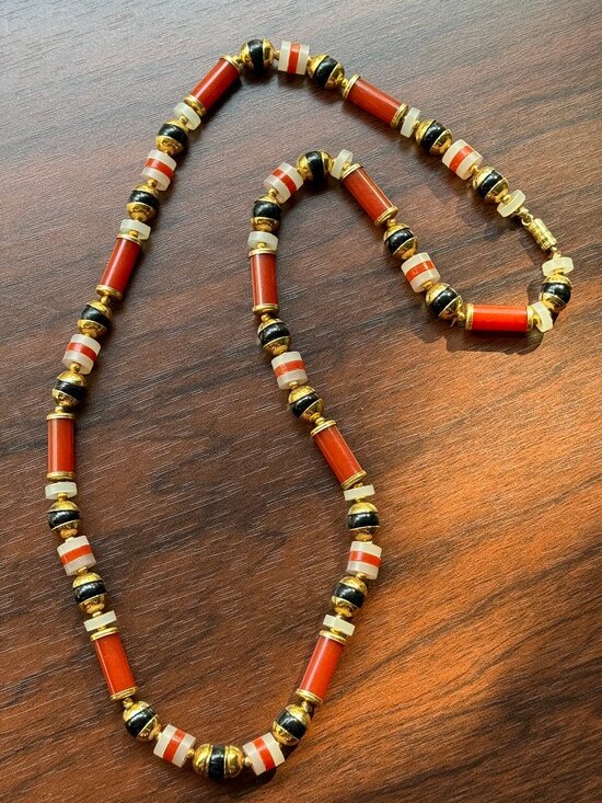 Vintage Jewelry - Red, Black, and Gold Late 70s Plastic Beaded Necklace